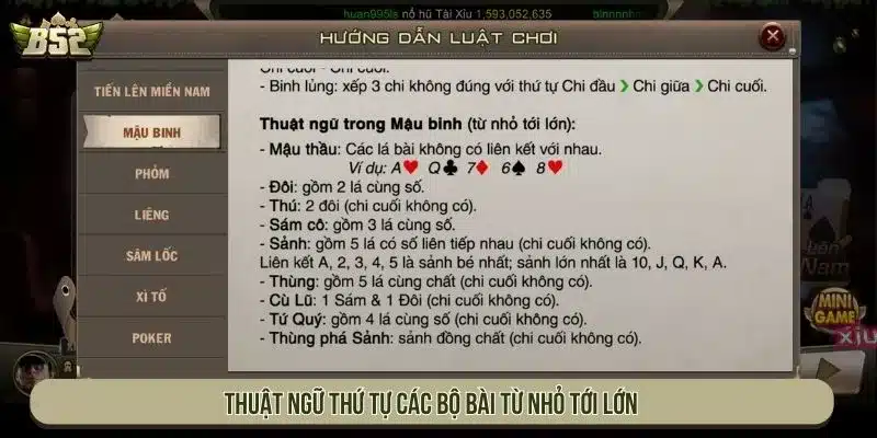 Mậu Binh B52 Đánh Bài Xếp Hình Hấp Dẫn Nhất Châu Á Thuật ngữ thứ tự các bộ bài từ nhỏ tới lớn